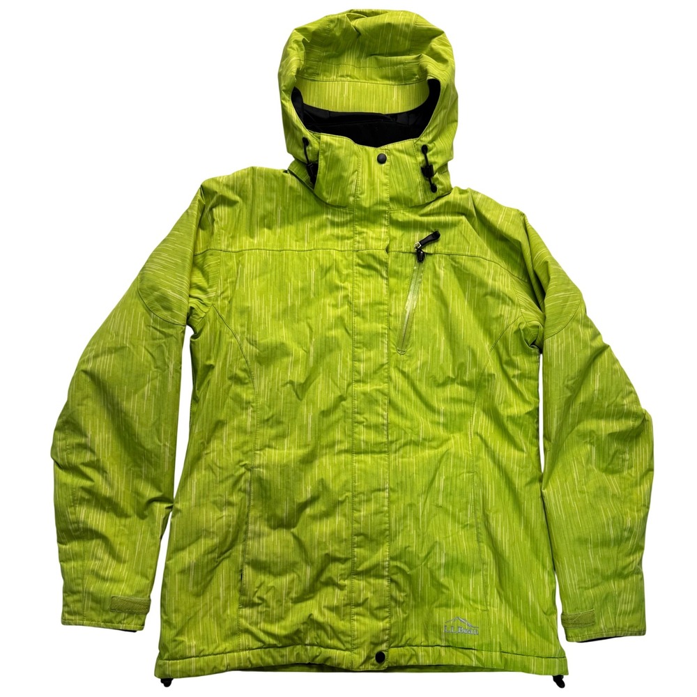 LL Bean Mens Insulated Ski Jacket Lime Green Patterned Hooded Coat Small Reg